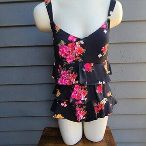 LandsEnd Black Red Floral One Piece Swim Suit with ruffle size 8